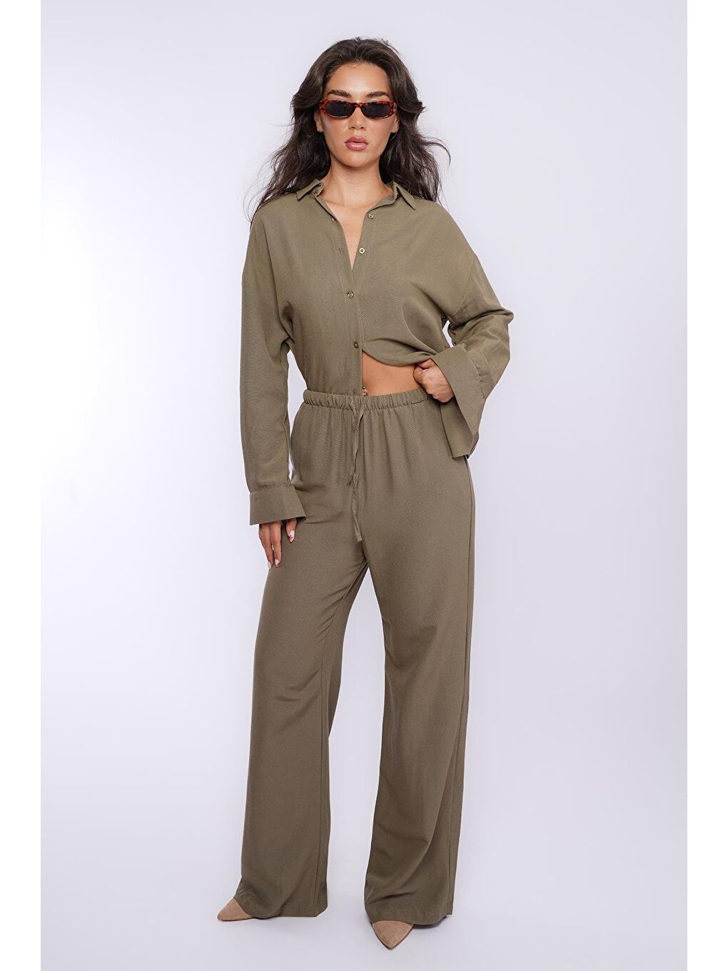 Haki Keten Kadın Gömlek Pantolon İkili Takım Mg2356-3