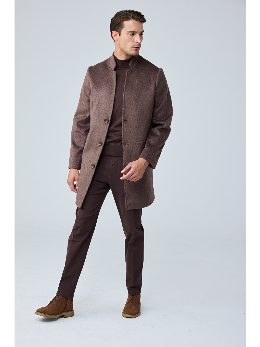 Erkek Relaxed-fit Premium Yün Kaşe Kaban Kahverengi 4351dngr-5