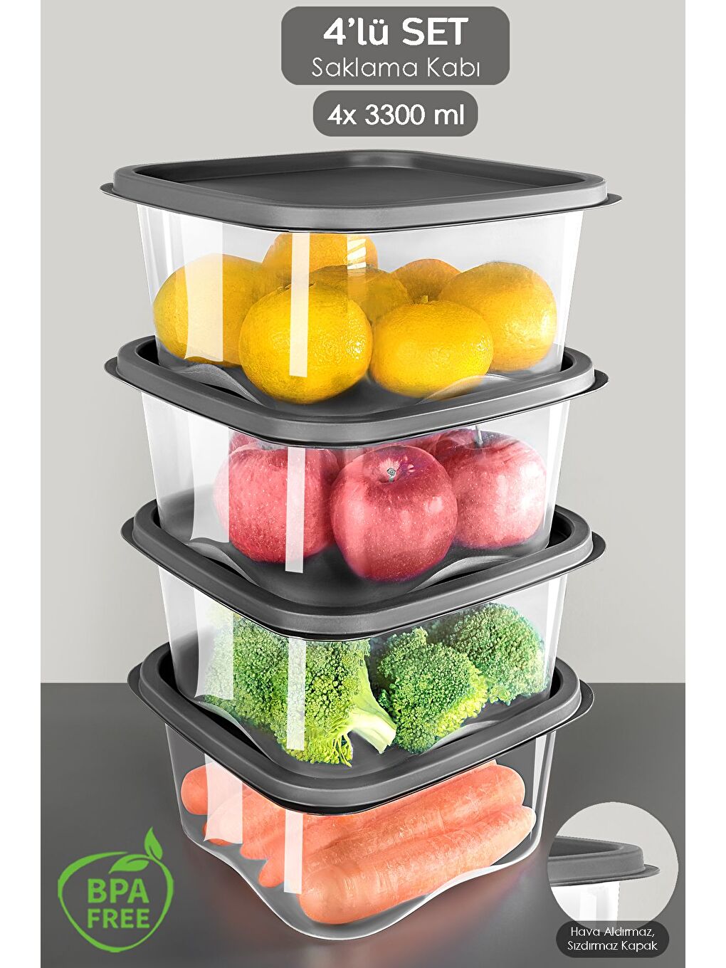Gri 4 Adet Kare Erzak Gıda Saklama Kabı 3300 ml Antrasit