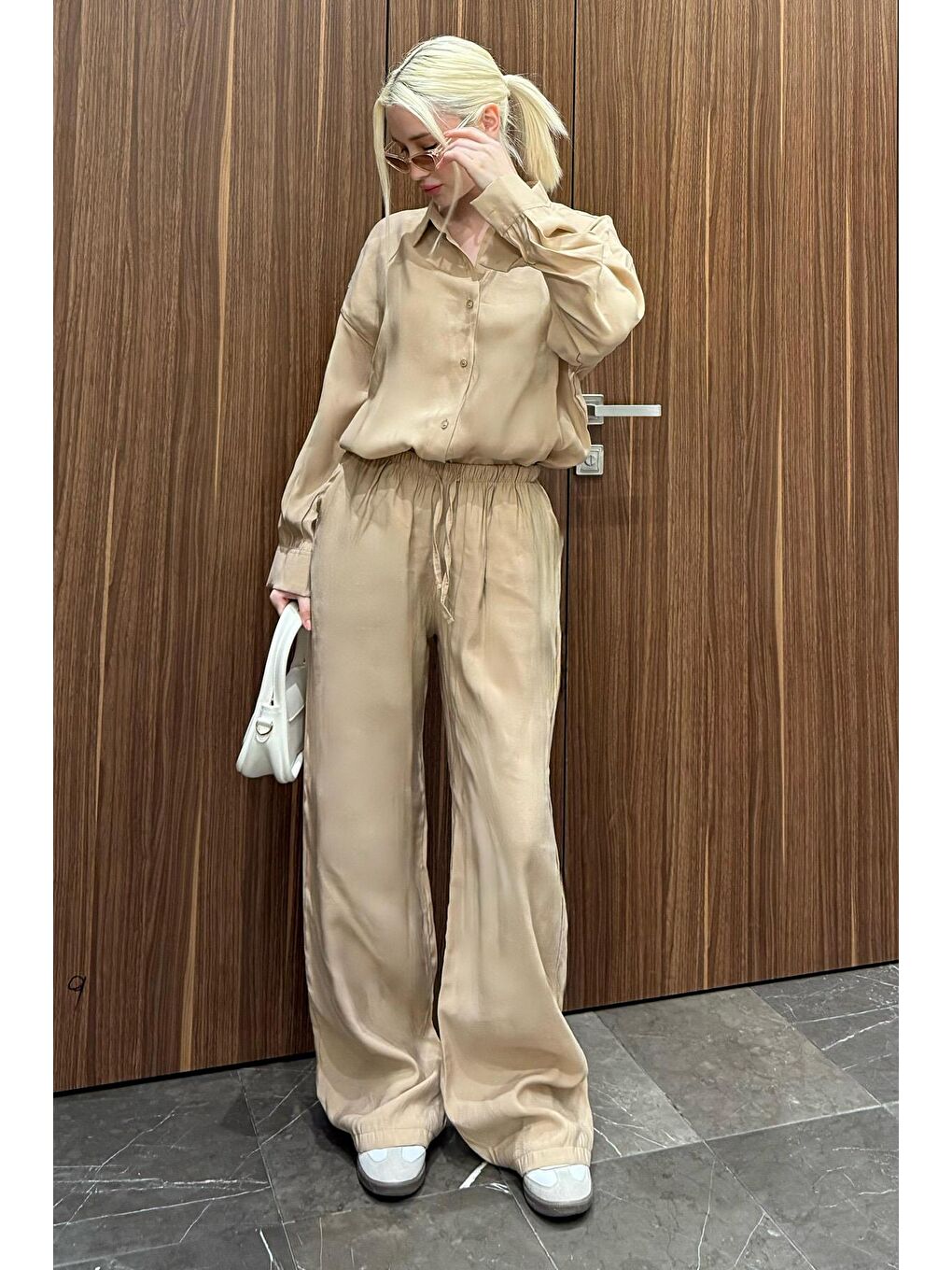 Bej Basic Kadın Gömlek Pantolon İkili Takım Mg2352-1