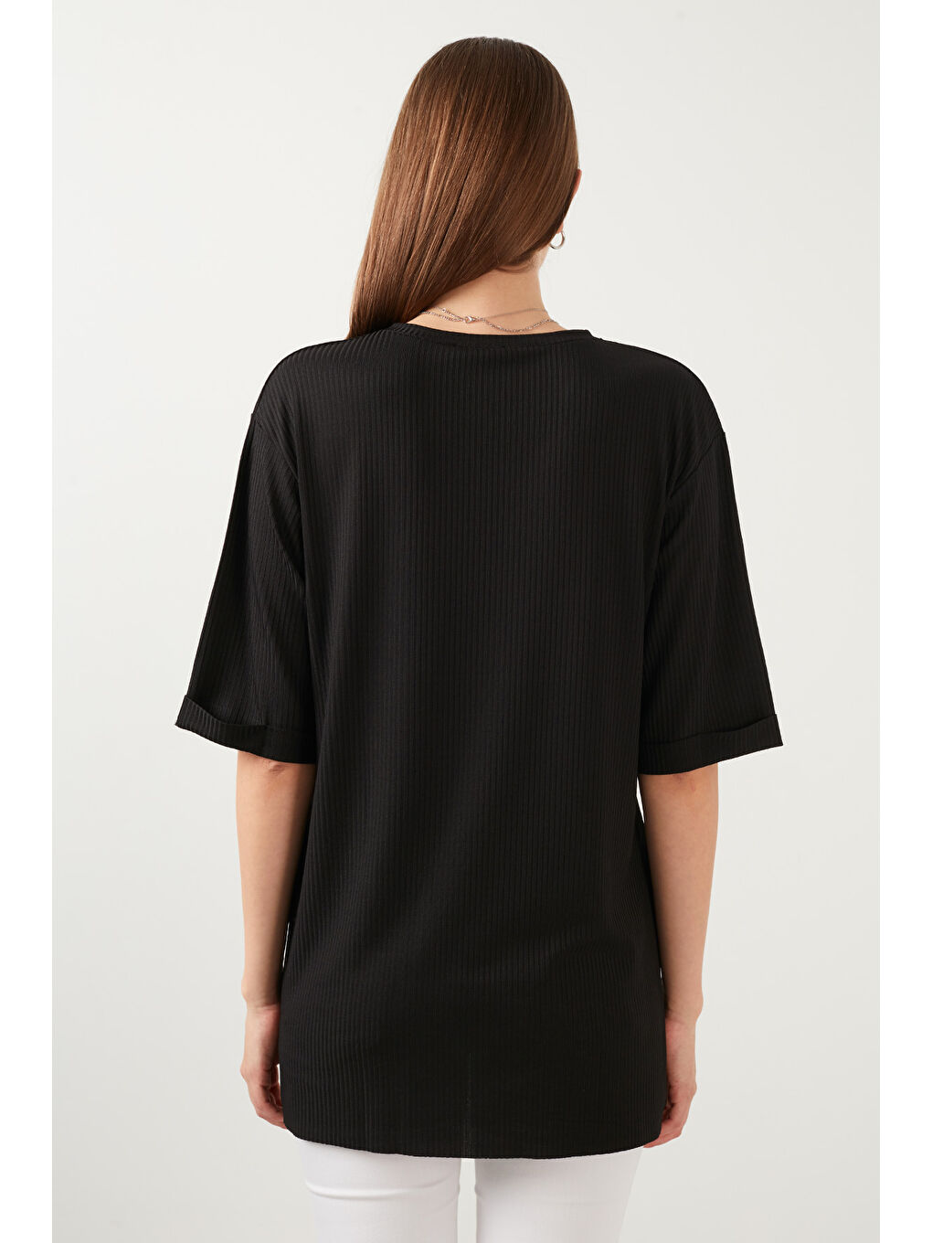 Siyah Oversize Bisiklet Yaka Yırtmaç Detaylı Kadın Bluz 5869000-3