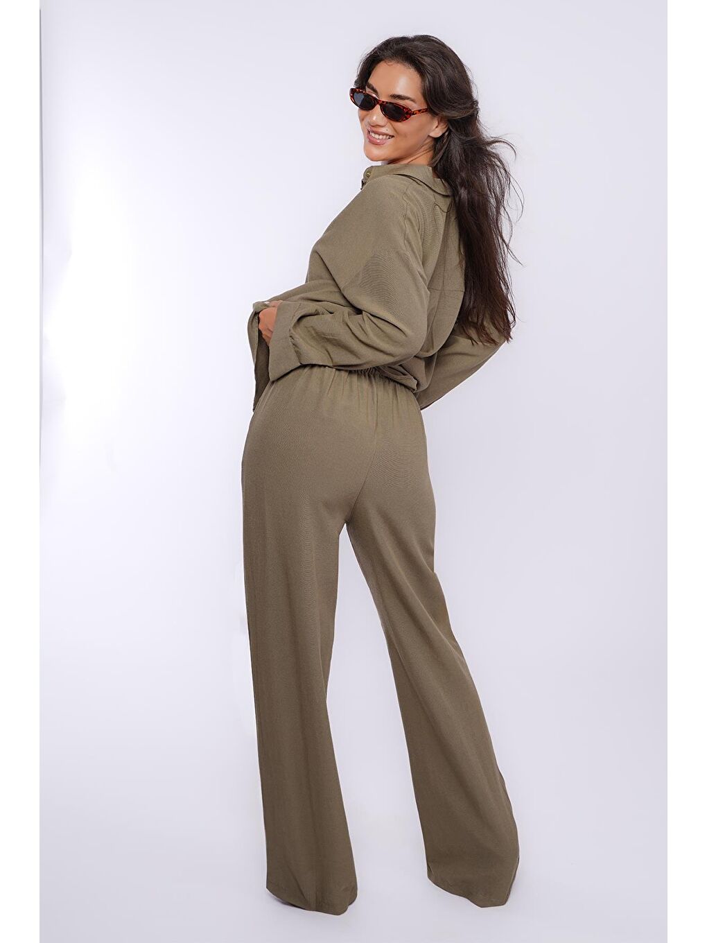 Haki Keten Kadın Gömlek Pantolon İkili Takım Mg2356-4