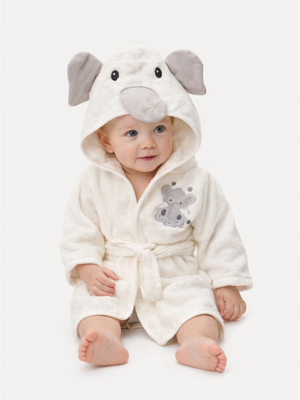 Ekru Erkek Bebek Fil Fiğürlü 4 Parça Havlu Bornoz Seti Terlik Yıkama Eldiveni Dahil Kutulu Lüx Set-1