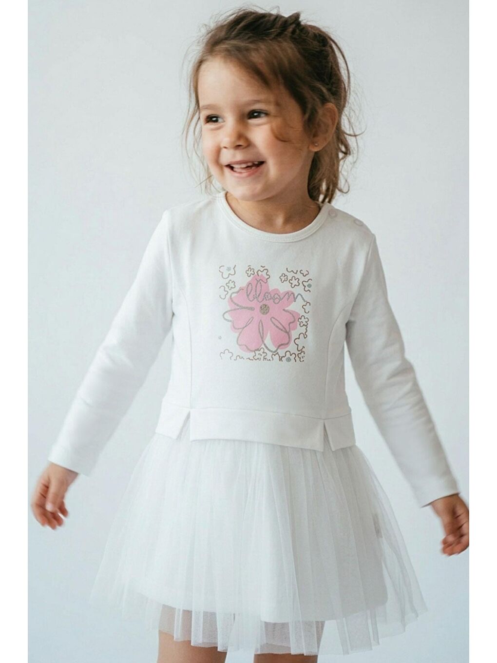 Kız Çocuk Uzun Kollu Elbise Çiçek Baskılı Tüllü Ekru (2-6 Yaş)-1