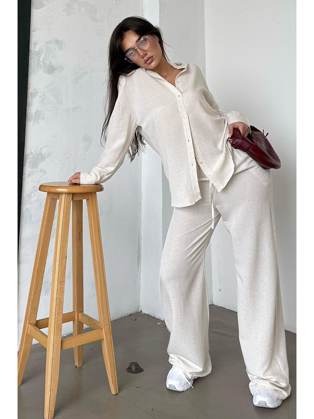 Beyaz Karmelanj Keten Kadın Gömlek Pantolon İkili Takım Mg2356-3