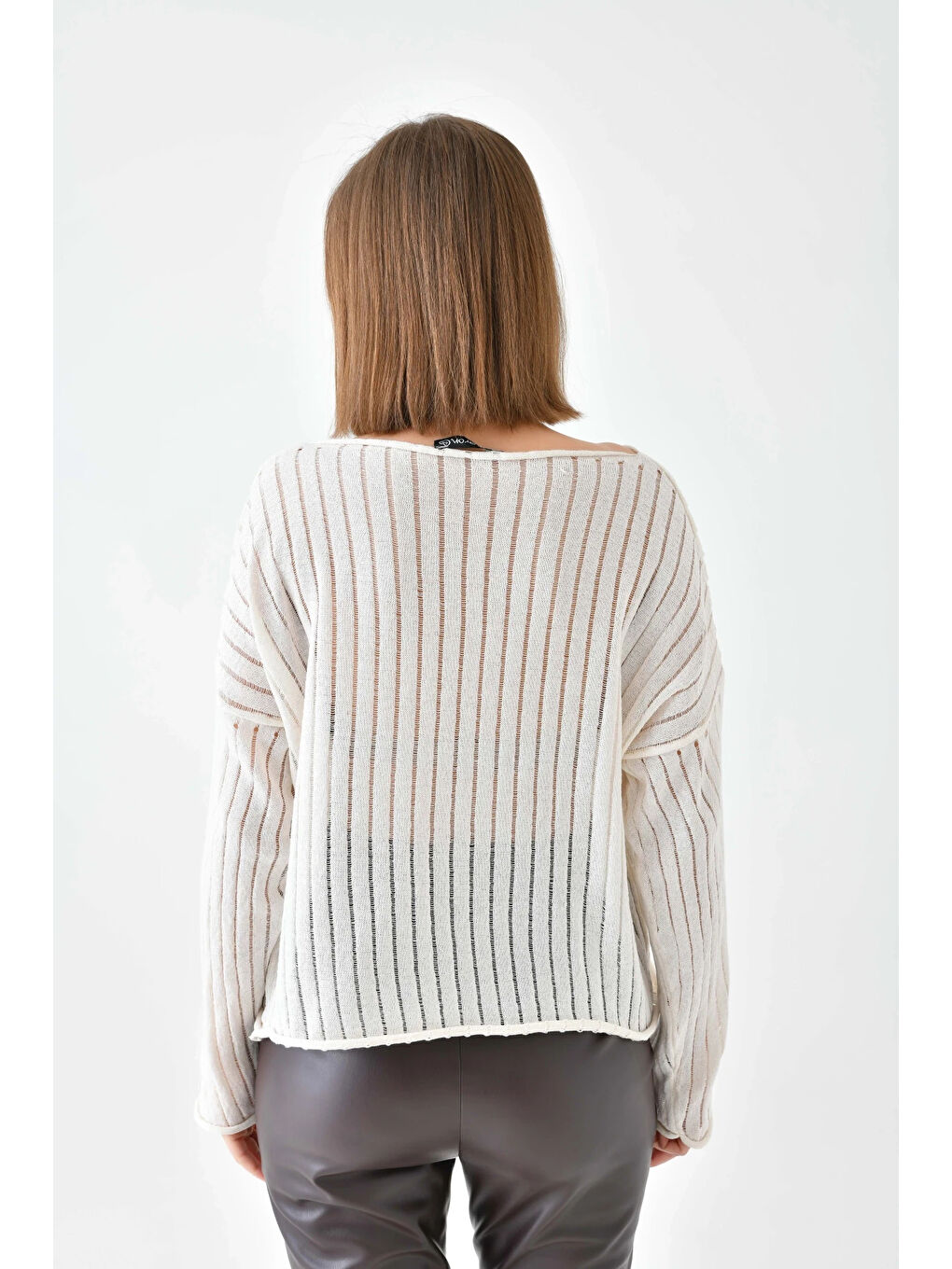 Bej Kadın Kayık Yaka Örgü Detay Salaş Triko Kazak-3