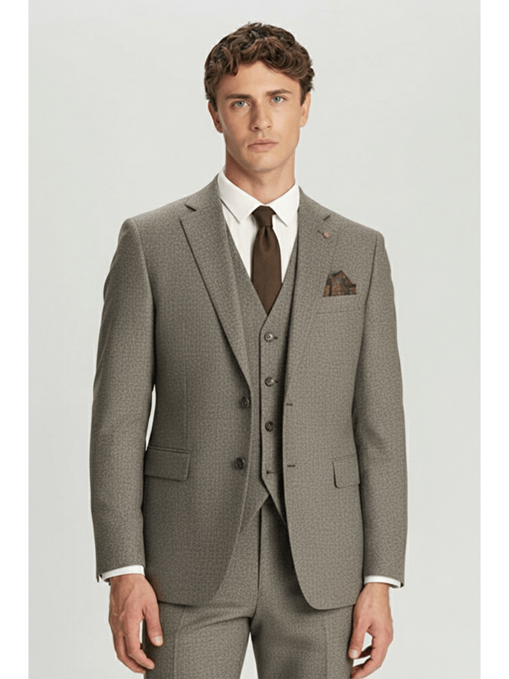 Kahverengi Giotelli Erkek Kahve Regular Fit Mono Yaka Yelekli 5 Drop Tam Astarlı Takım Elbise