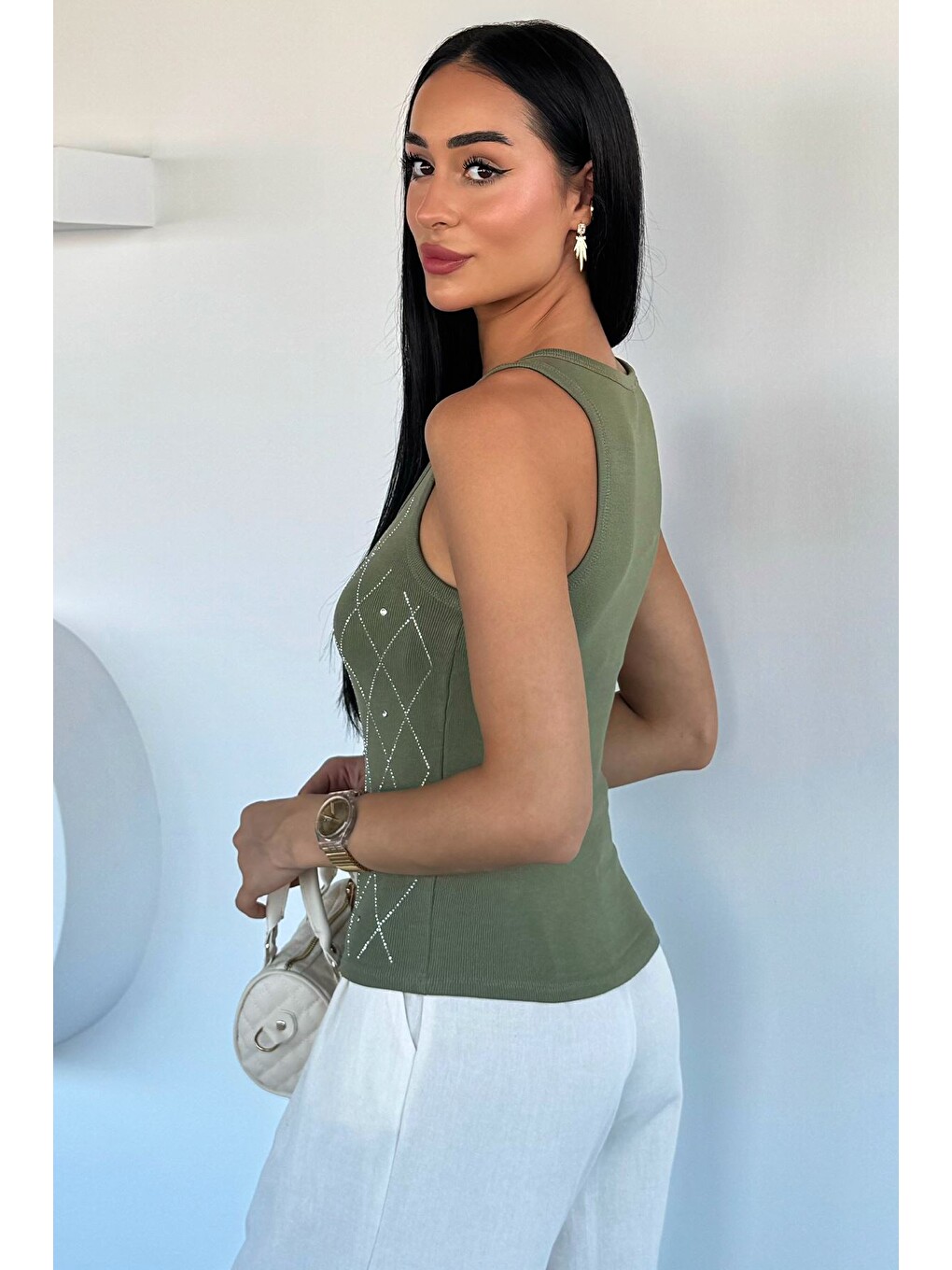 Haki Ön Taşlı Kaşkorse Bluz-3