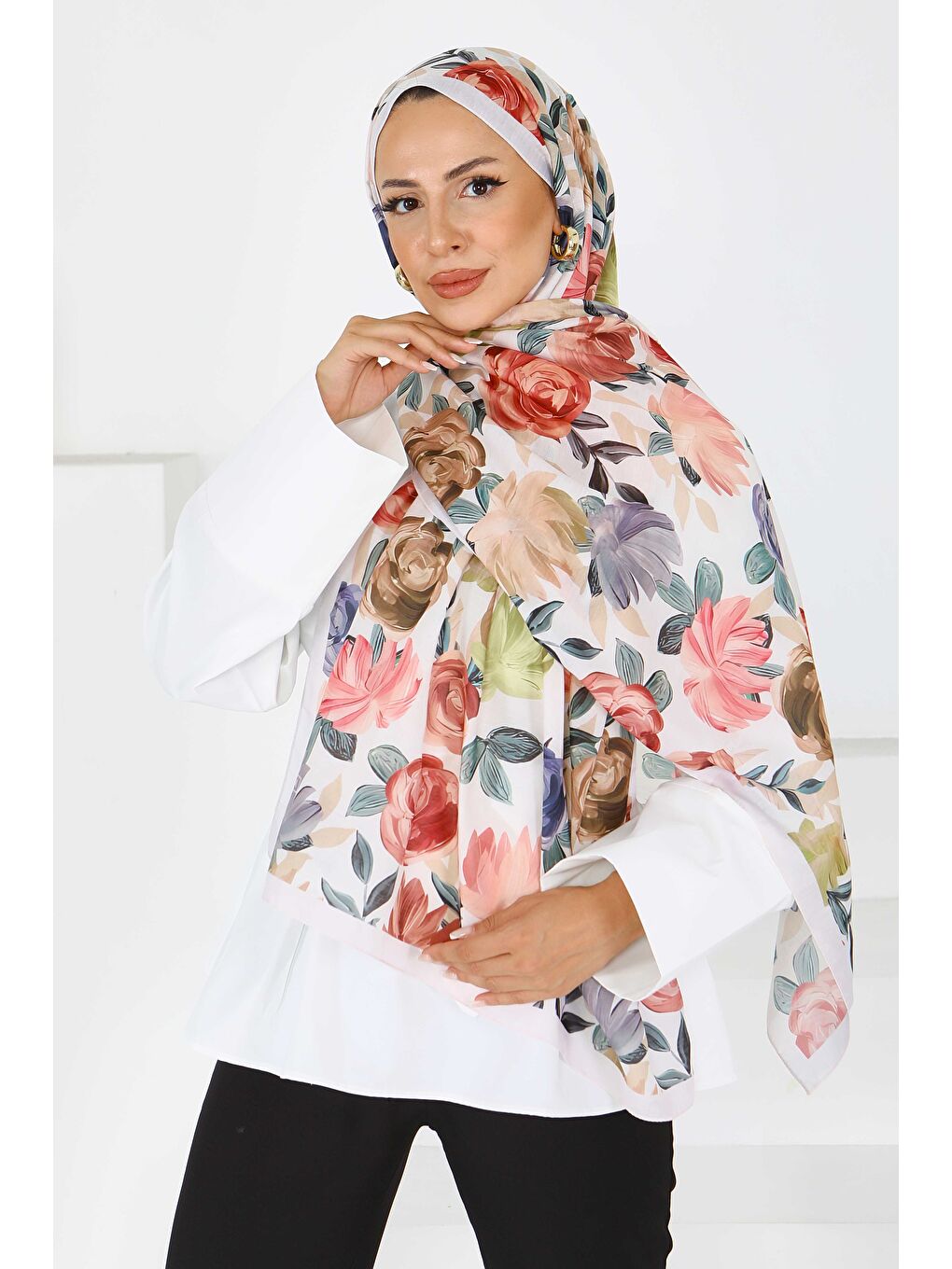 Ekru Flower Serisi Rose Lily Desenli Şal Krem - 27594-2