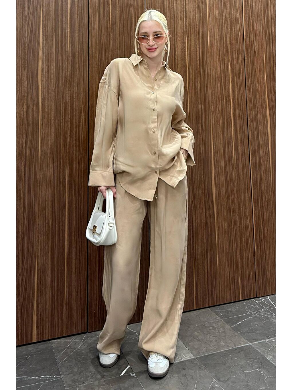Bej Basic Kadın Gömlek Pantolon İkili Takım Mg2352-4