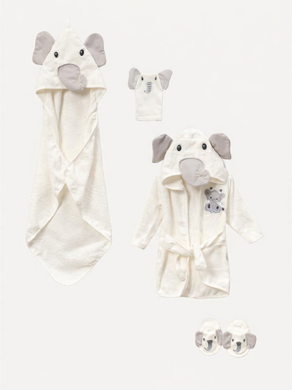 Ekru Erkek Bebek Fil Fiğürlü 4 Parça Havlu Bornoz Seti Terlik Yıkama Eldiveni Dahil Kutulu Lüx Set-2