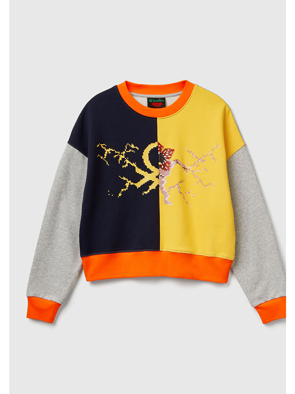 Kadın Sarı Mix  %100 Pamuk Renk Bloklu Stranger Things Baskılı Sweatshirt-1