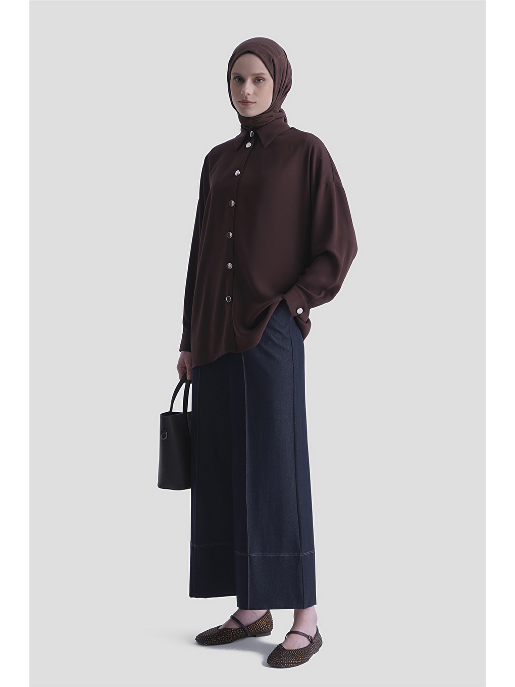 Kahverengi Metal Düğmeli Oversize Tunik Acı Kahve