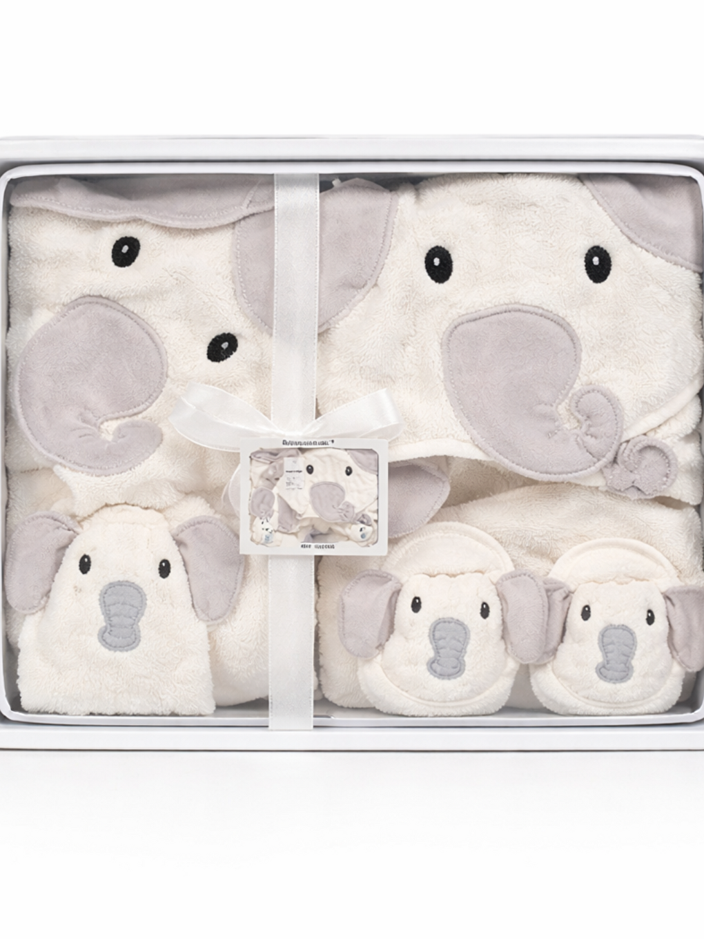 Ekru Erkek Bebek Fil Fiğürlü 4 Parça Havlu Bornoz Seti Terlik Yıkama Eldiveni Dahil Kutulu Lüx Set-3