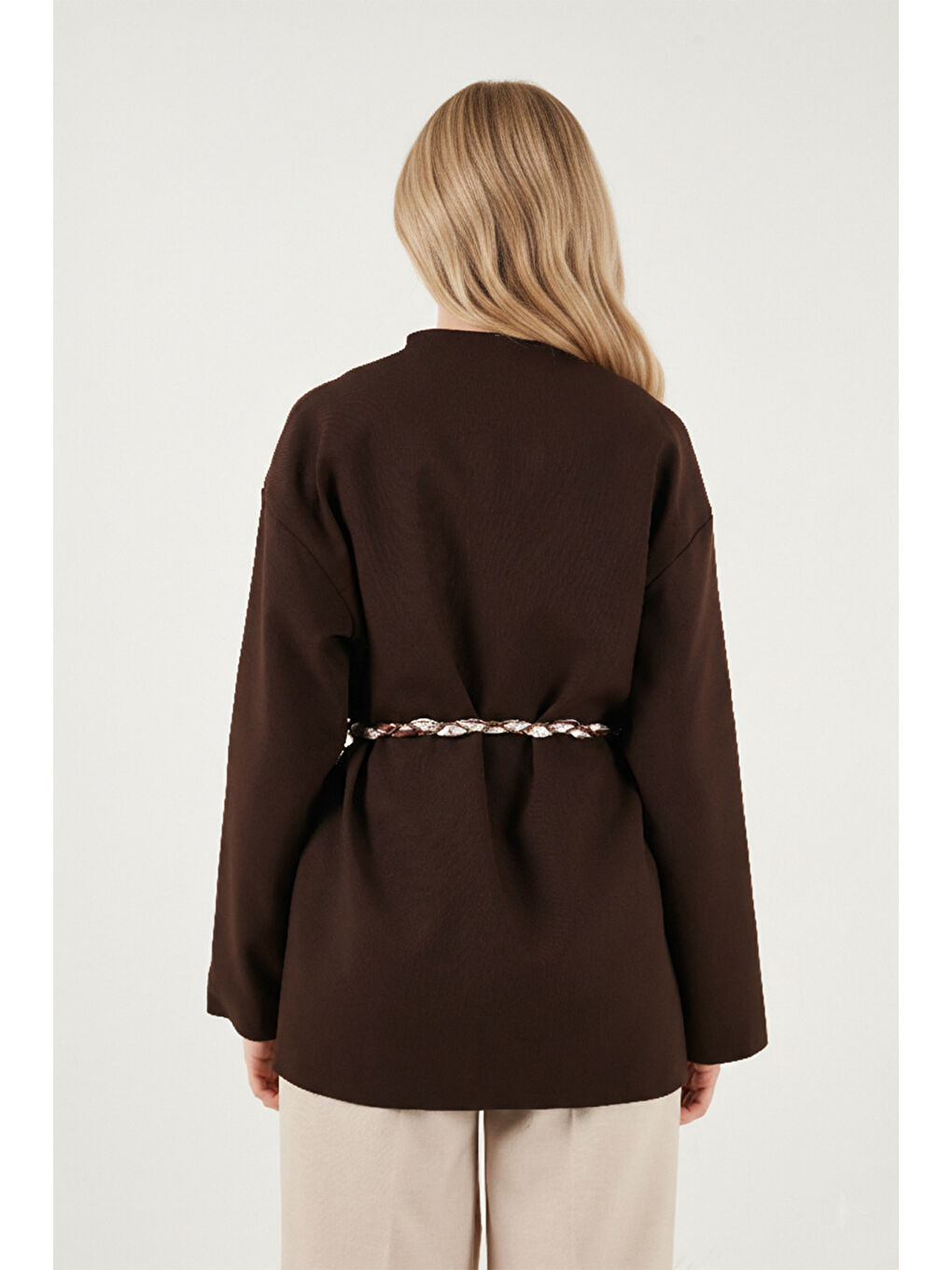 Kahverengi Regular Fit Kruvaze Yaka Fular Kemerli Kadın Blazer Ceket 6927673-6