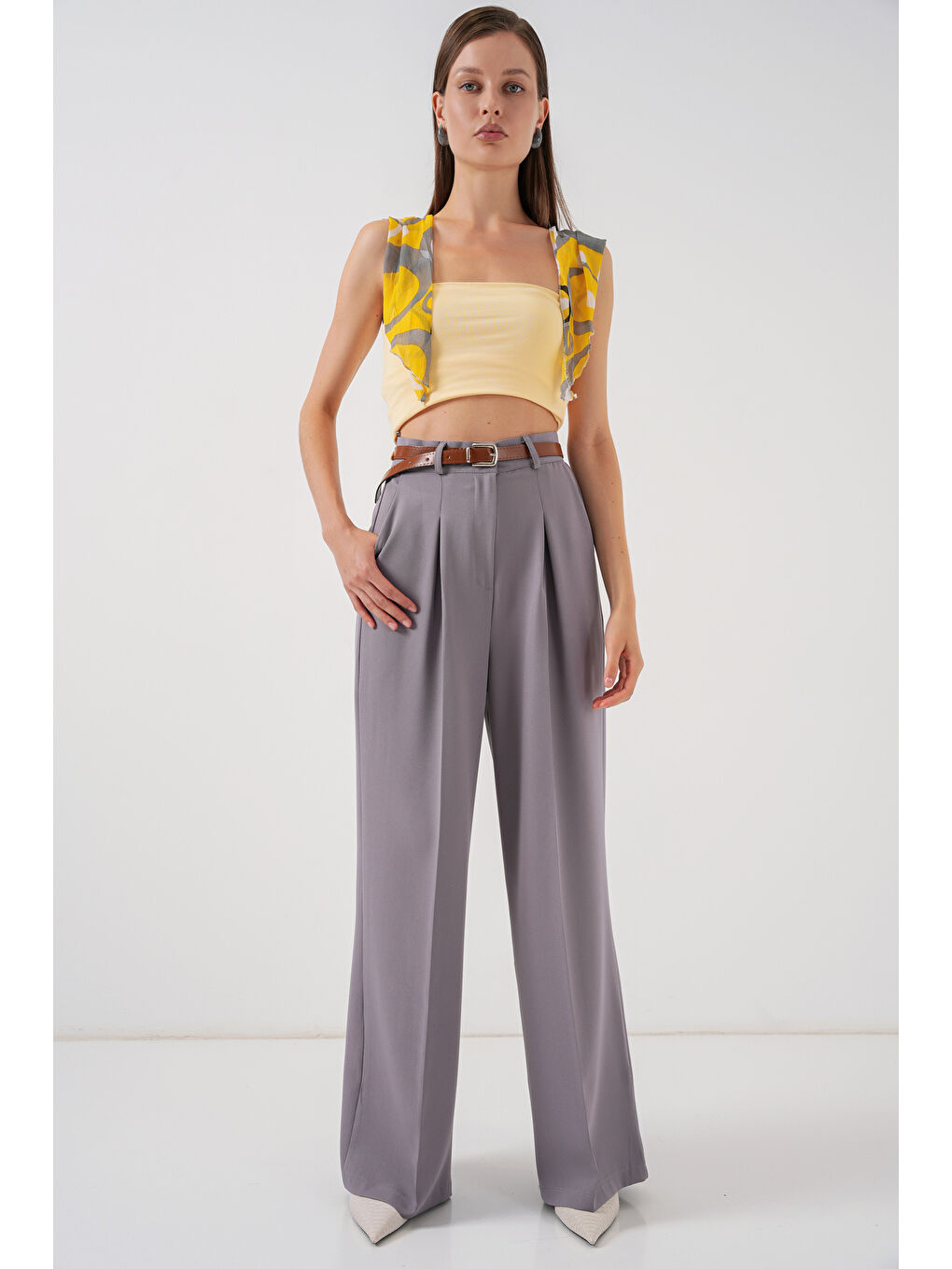 Kadın Yüksek Bel Palazzo Pantolon 30051 - Gri