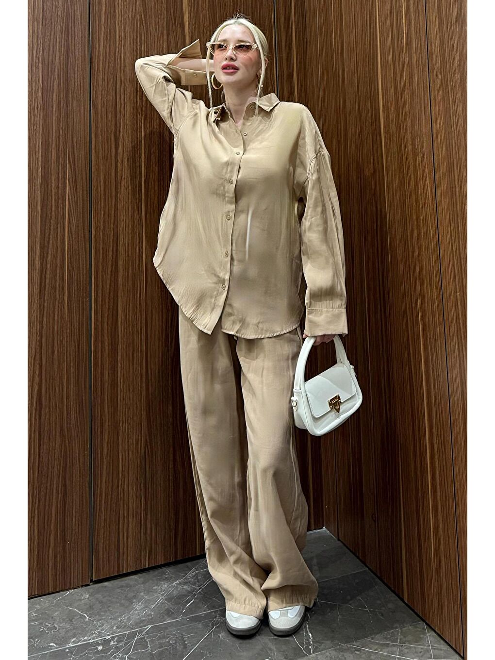 Bej Basic Kadın Gömlek Pantolon İkili Takım Mg2352-6