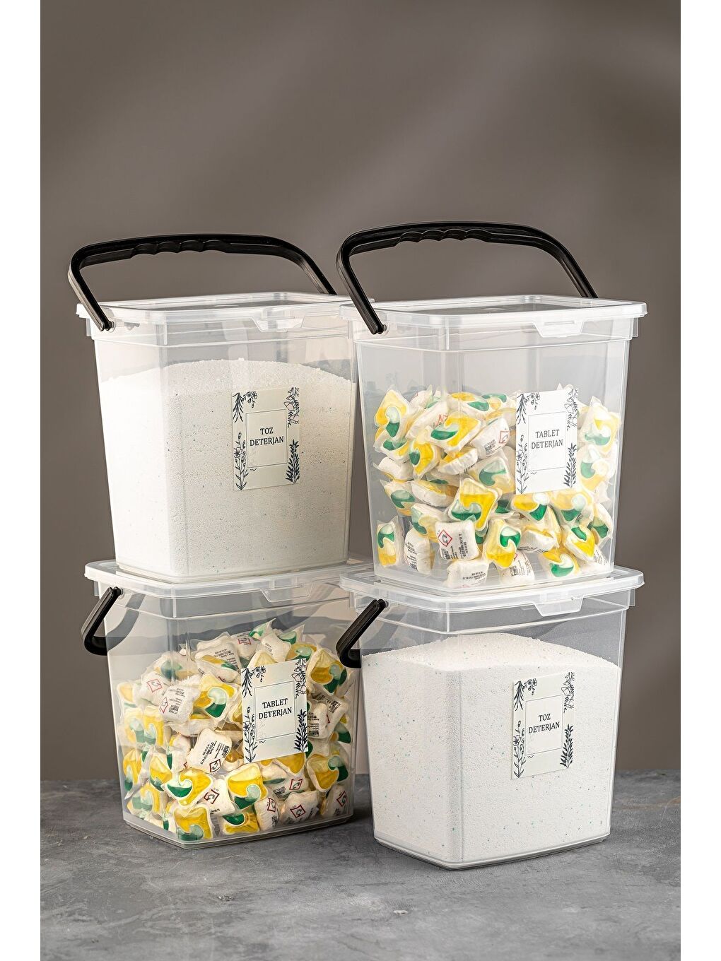 Renksiz 4'lü Etiketli 6 lt Deterjan Saklama Kabı Kulplu Tablet Deterjan Saklama Kutusu Şeffaf