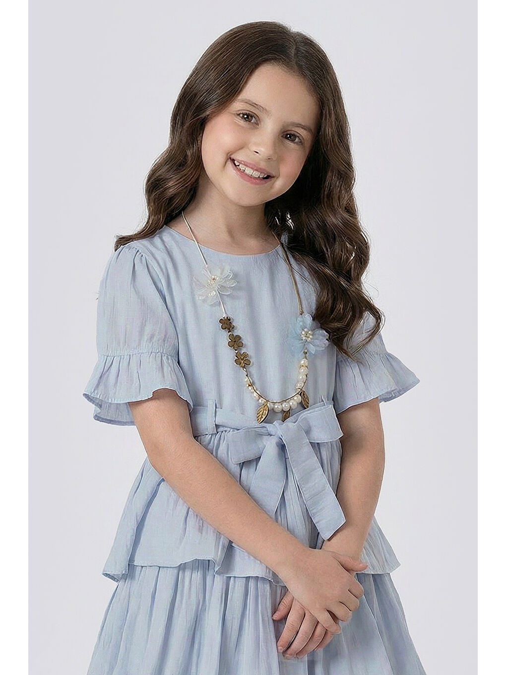 Mavi Kız Çocuk  Eteği Katlı Kısa Kollu Kolyeli Elbise-1