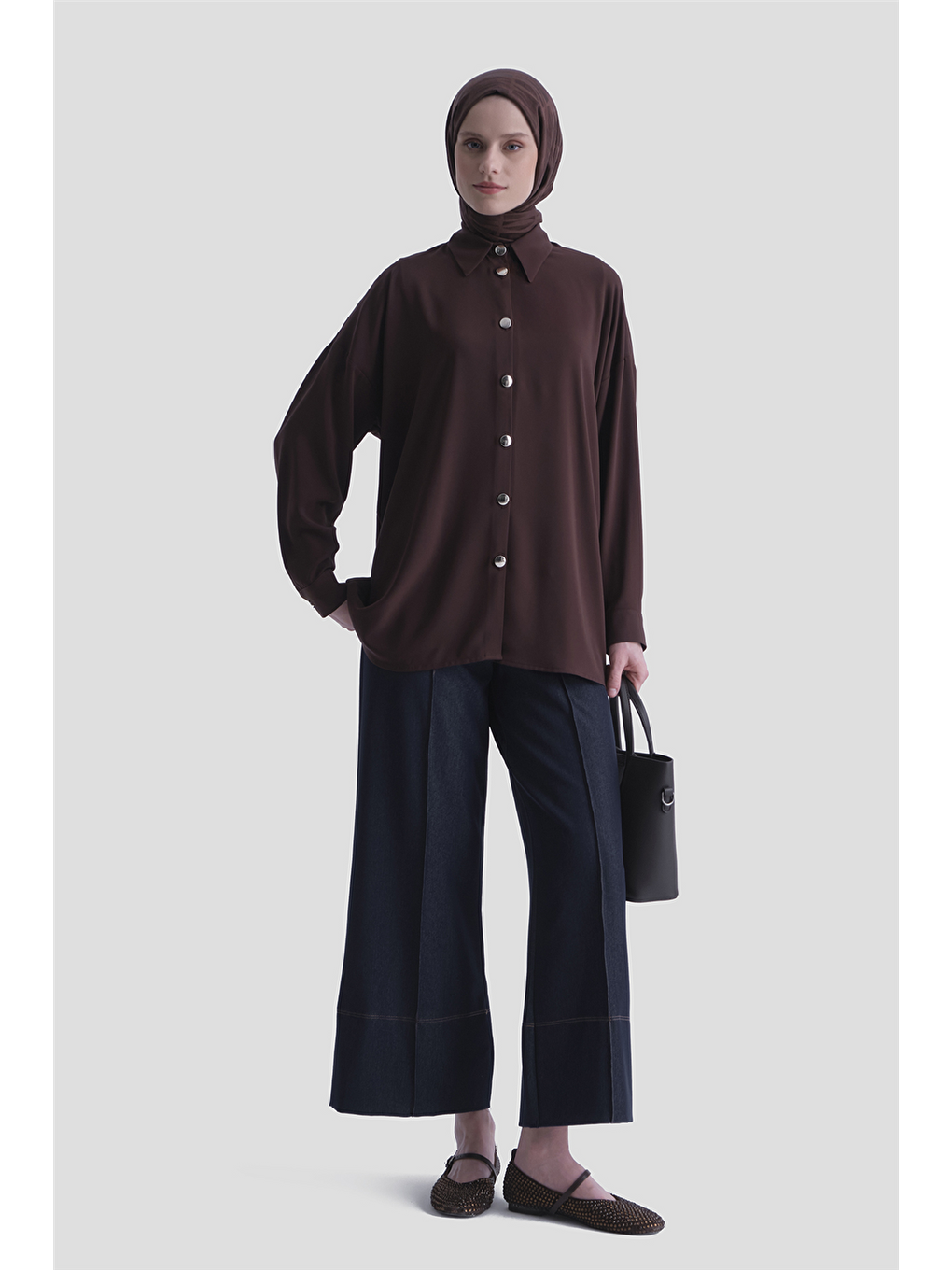 Kahverengi Metal Düğmeli Oversize Tunik Acı Kahve-1