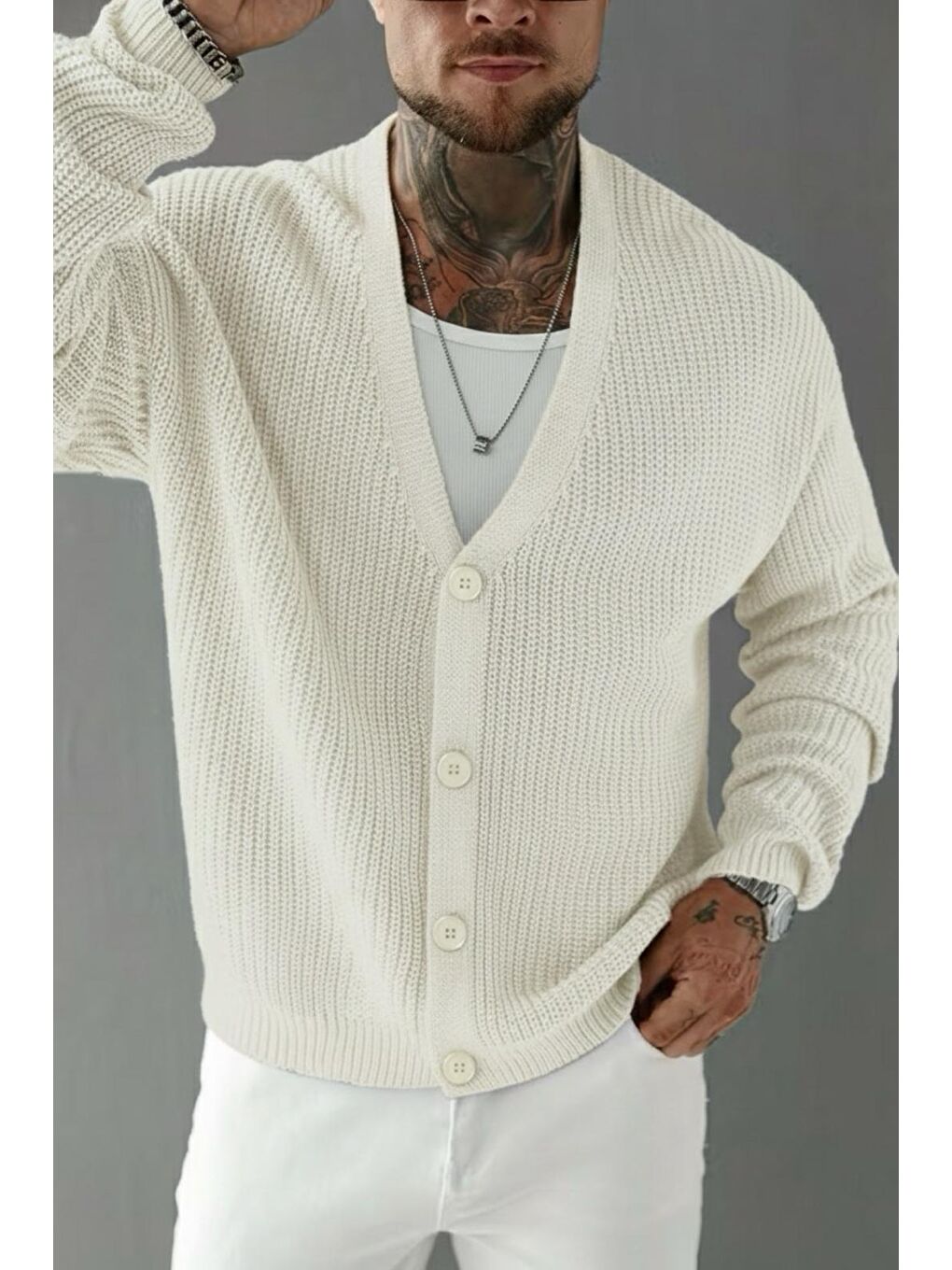 Ekru Grov Düğmeli V Yaka Kalın Erkek Hırka