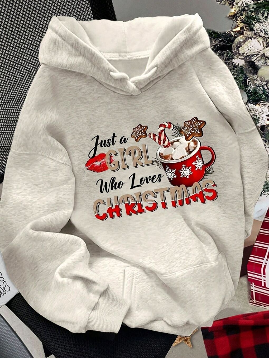 Gri Christmas  Baskılı Oversize Kapüşonlu Sweatshirt Uzun Kollu Yılbaşı Temalı Hoodie