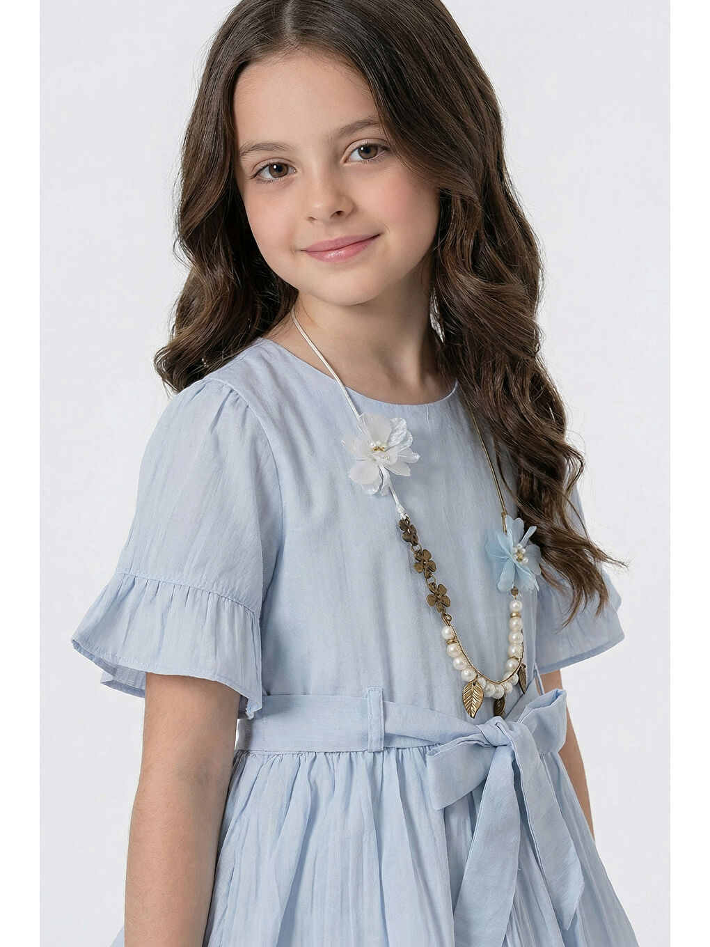 Mavi Kız Çocuk  Eteği Katlı Kısa Kollu Kolyeli Elbise-2