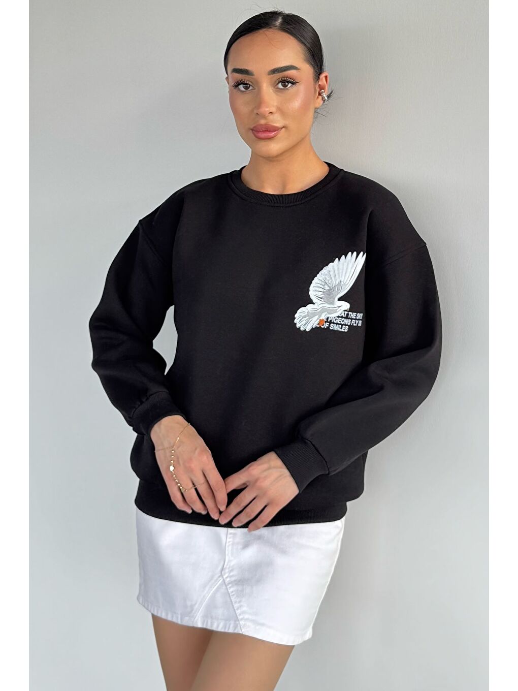 Siyah Kadın Ön Ve Sırt Baskılı Bisiklet Yaka Üç İplik Şardonlu Sweatshirt