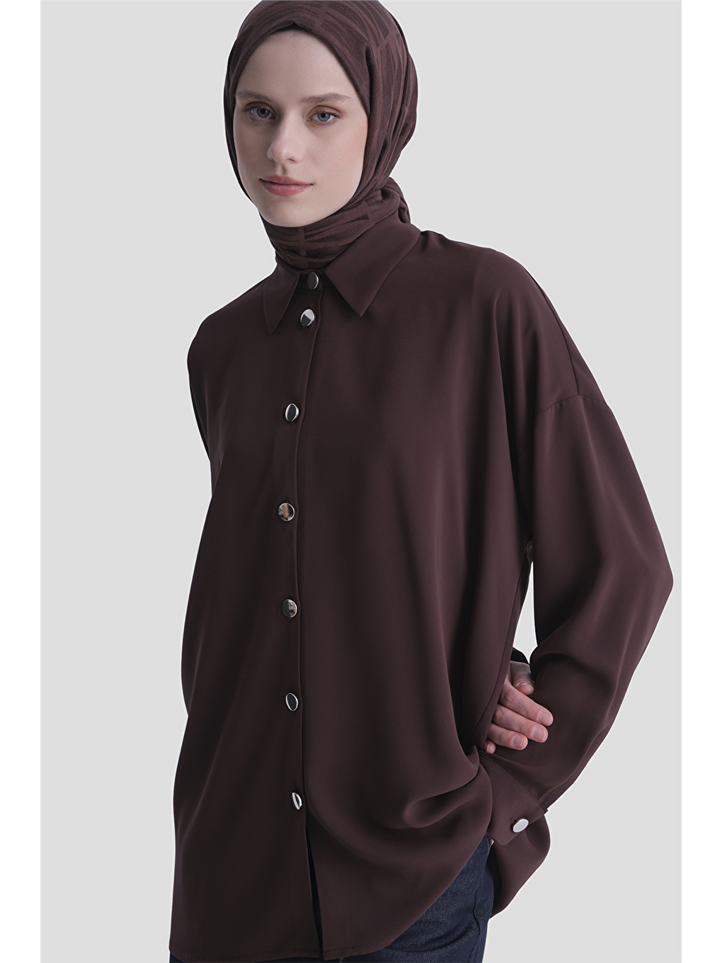 Kahverengi Metal Düğmeli Oversize Tunik Acı Kahve-2