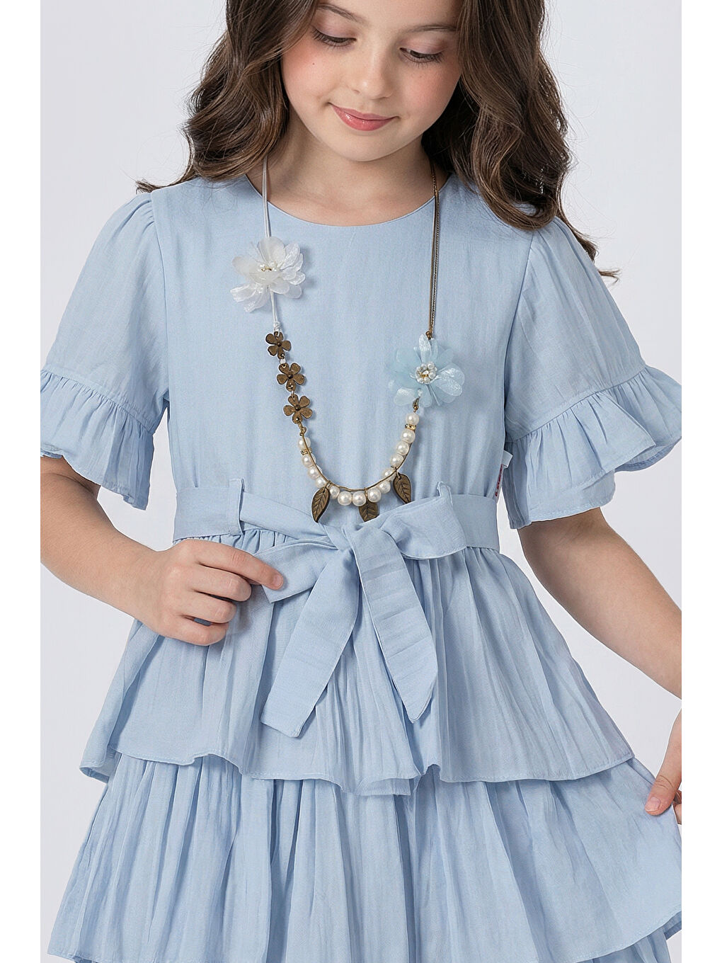 Mavi Kız Çocuk  Eteği Katlı Kısa Kollu Kolyeli Elbise-3