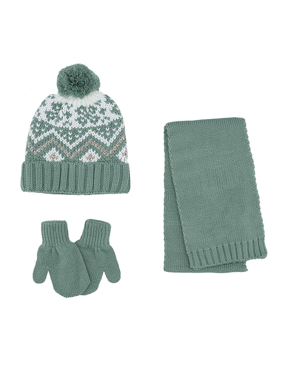 Yeşil Kız Çocuk Atkı Bere Eldiven Set-4