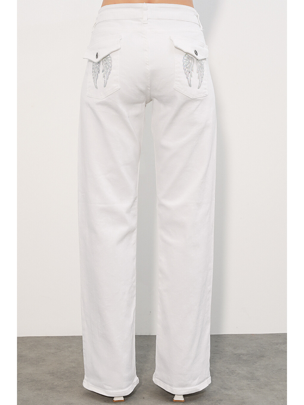 Kadın Geniş Paça Pul Detaylı Jean Pantolon 30124 - Beyaz-5