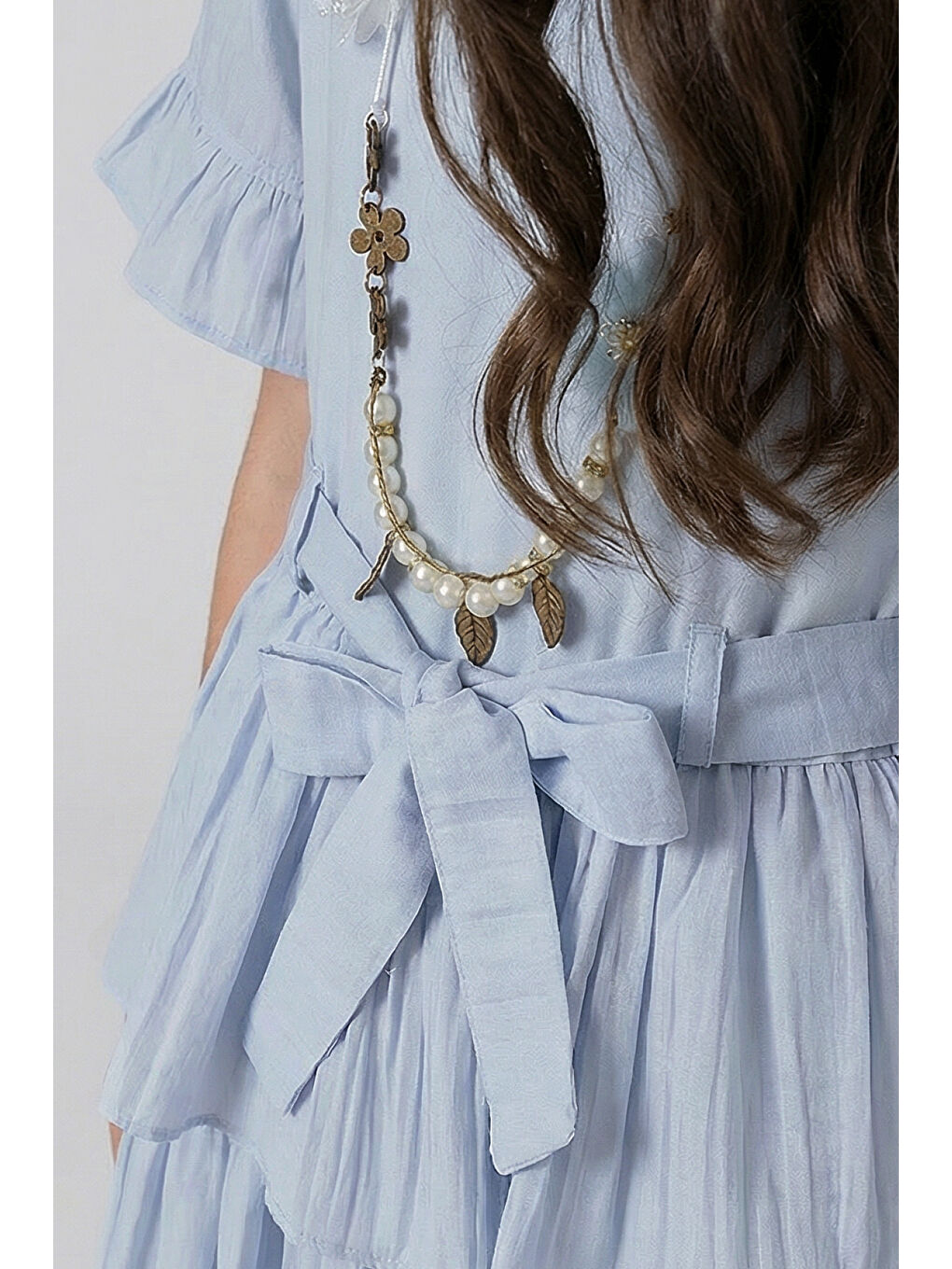 Mavi Kız Çocuk  Eteği Katlı Kısa Kollu Kolyeli Elbise-4