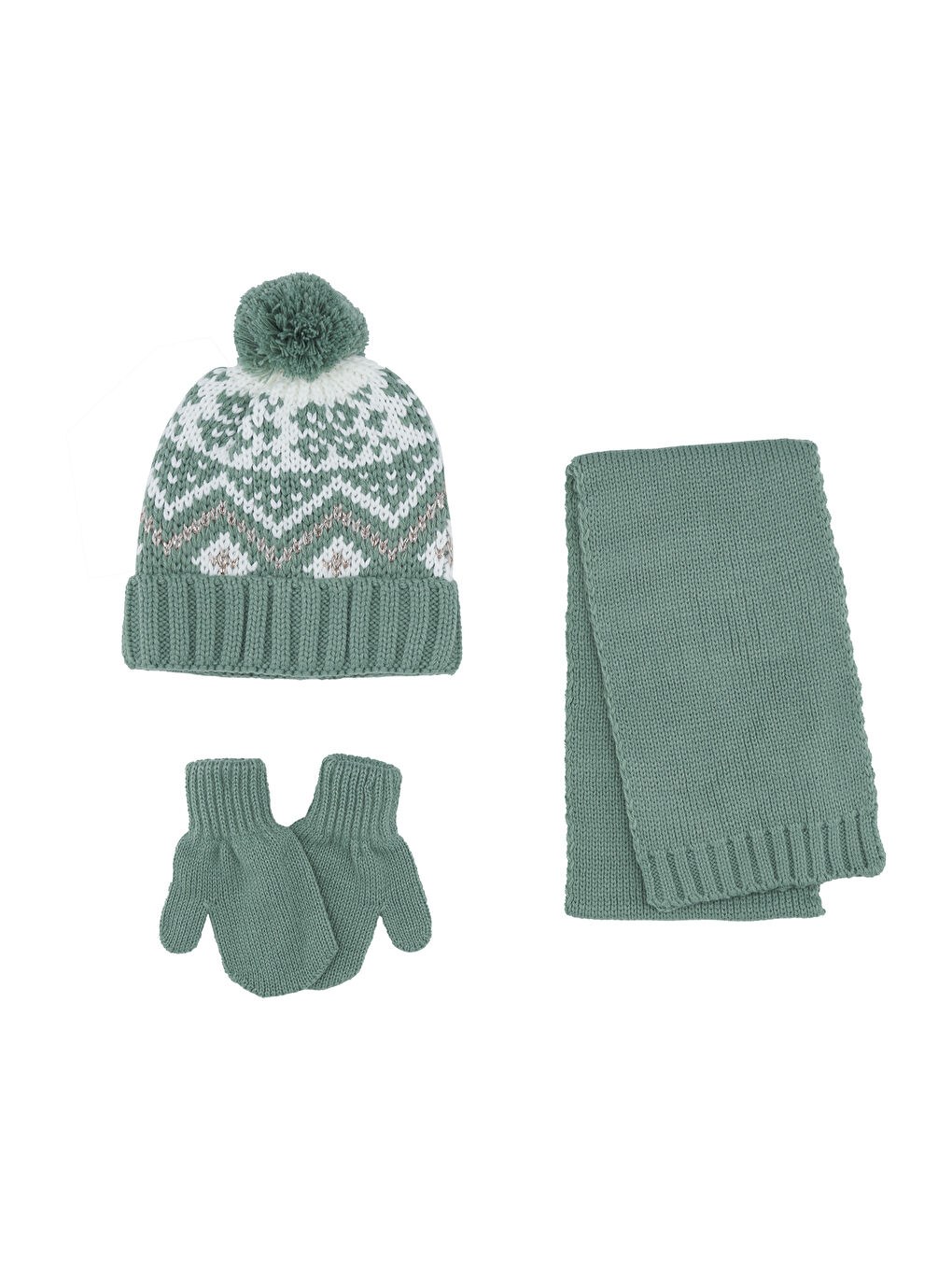 Yeşil Kız Çocuk Atkı Bere Eldiven Set-3