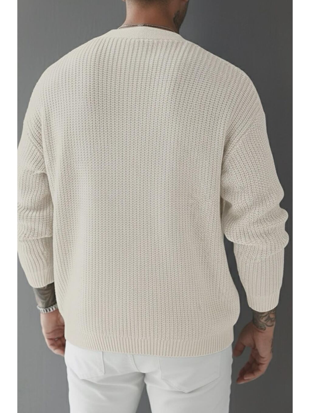 Ekru Grov Düğmeli V Yaka Kalın Erkek Hırka-1