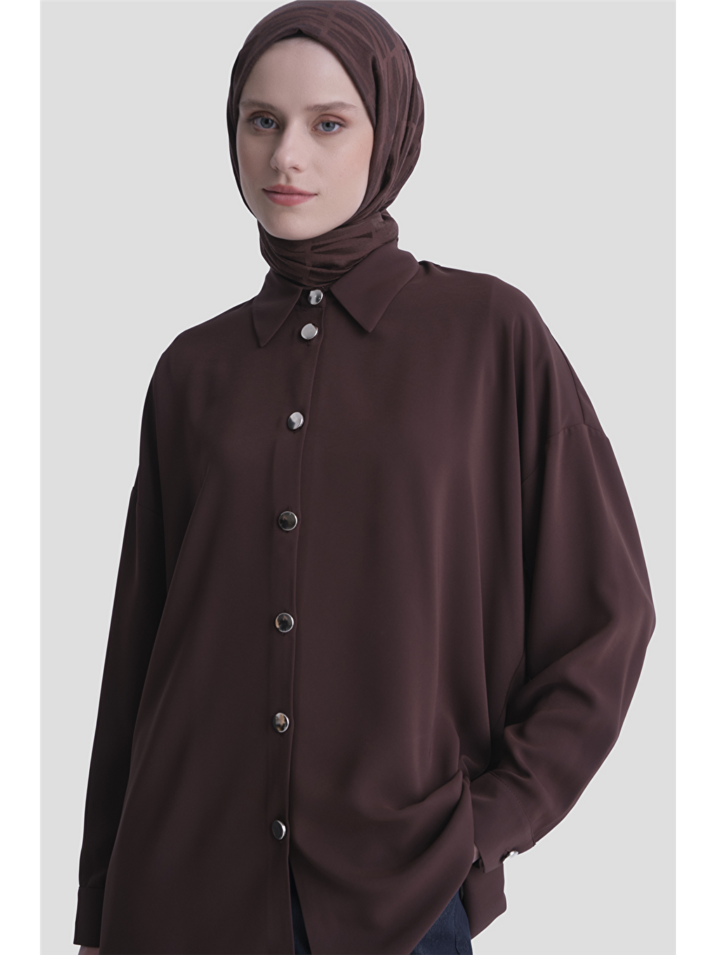 Kahverengi Metal Düğmeli Oversize Tunik Acı Kahve-3