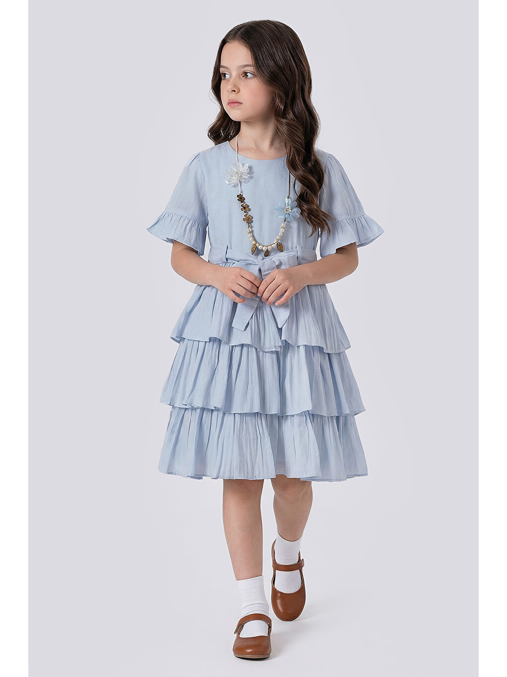 Mavi Kız Çocuk  Eteği Katlı Kısa Kollu Kolyeli Elbise-5