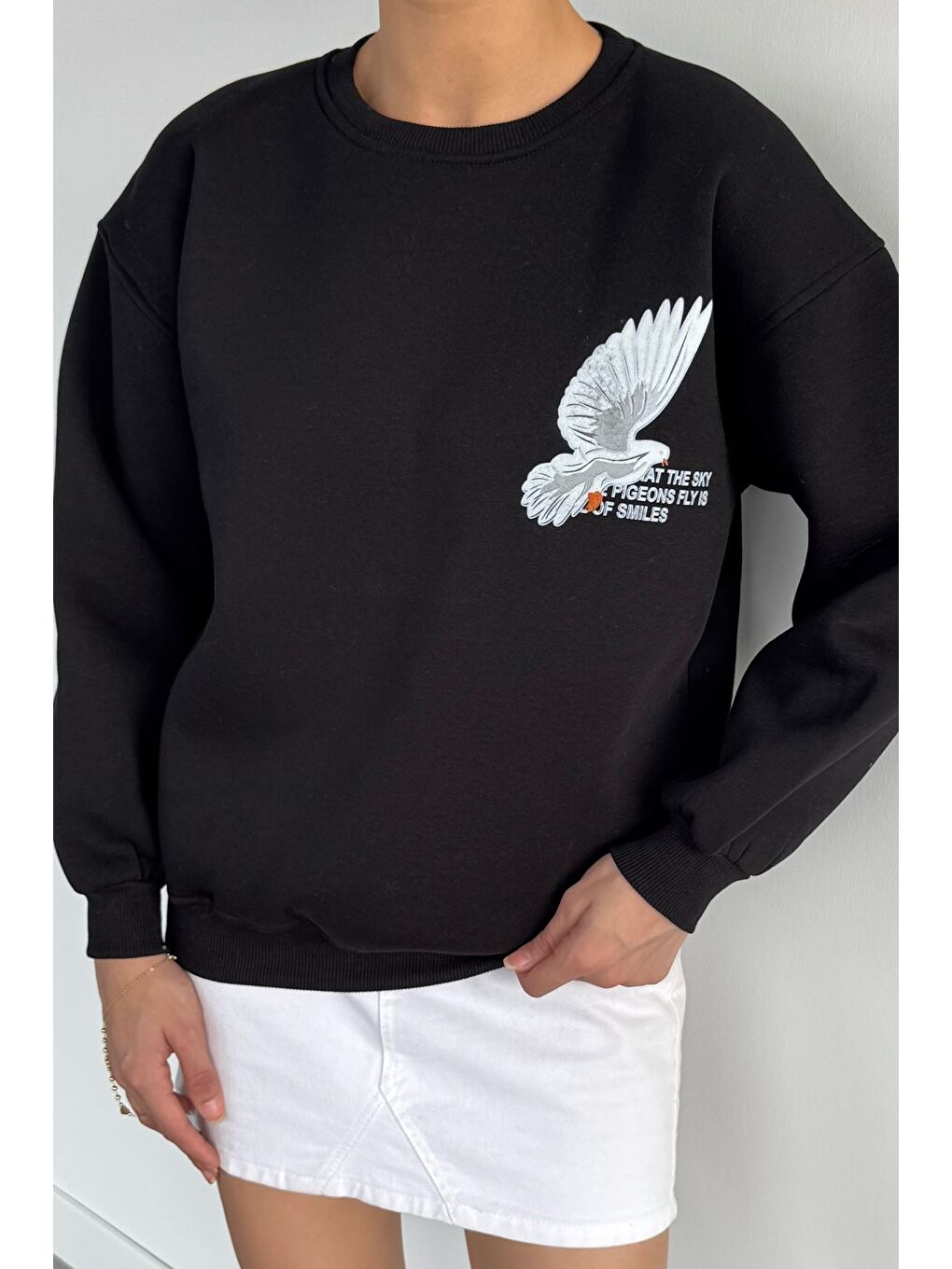 Siyah Kadın Ön Ve Sırt Baskılı Bisiklet Yaka Üç İplik Şardonlu Sweatshirt-2