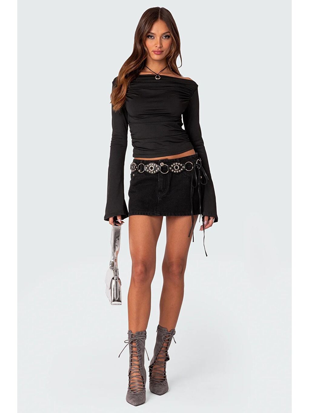 Siyah Kayık Yaka Kadın Bodysuit Mg2040-1