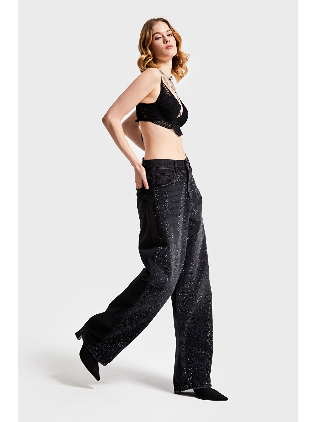 Kadın Siyah Renk T12S5-1 Parlak Taşlı Loose Midrise Fit Tasarım Denim-6