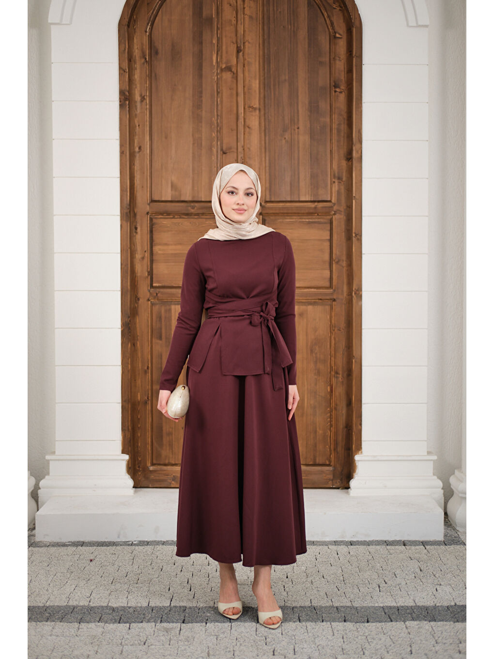 Kadın Bisiklet Yaka Ön Yırtmaçlı Etekli Takım Bordo-1