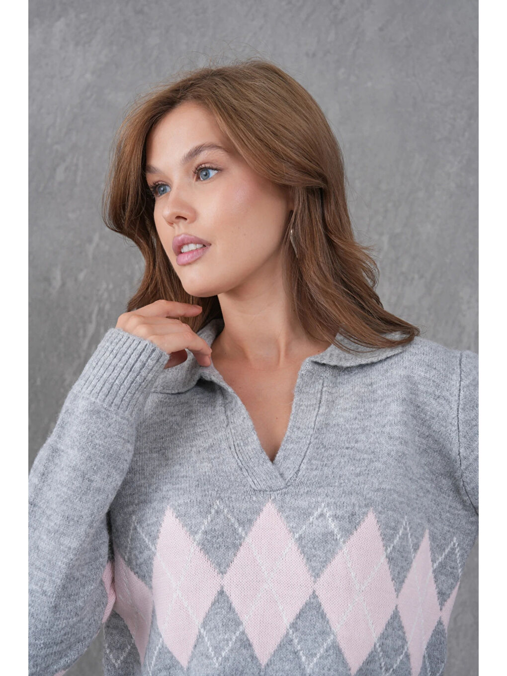 Gri Kadın Polo Yaka Desenli Yarım Pat Triko Kazak-2