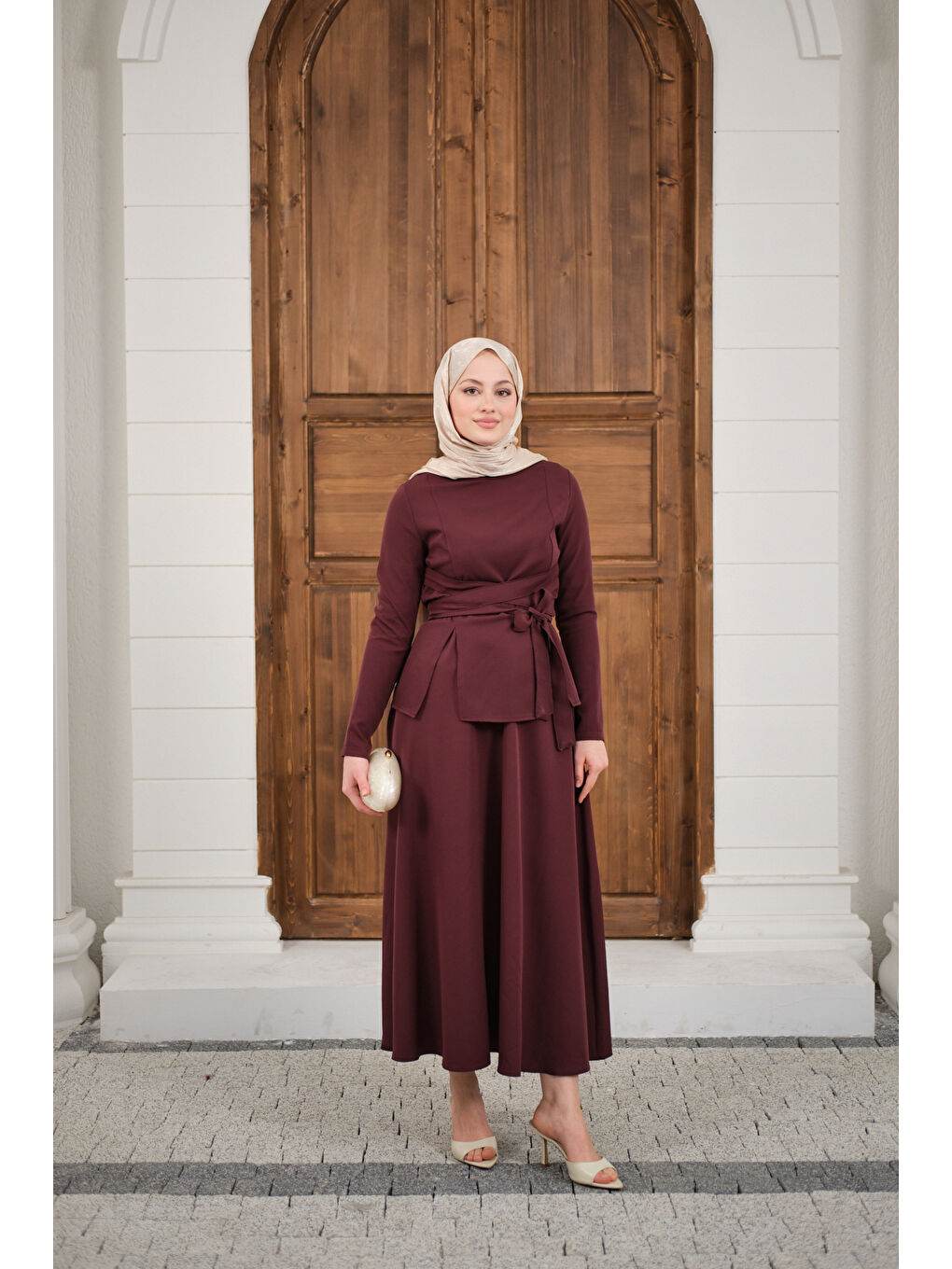 Kadın Bisiklet Yaka Ön Yırtmaçlı Etekli Takım Bordo-3