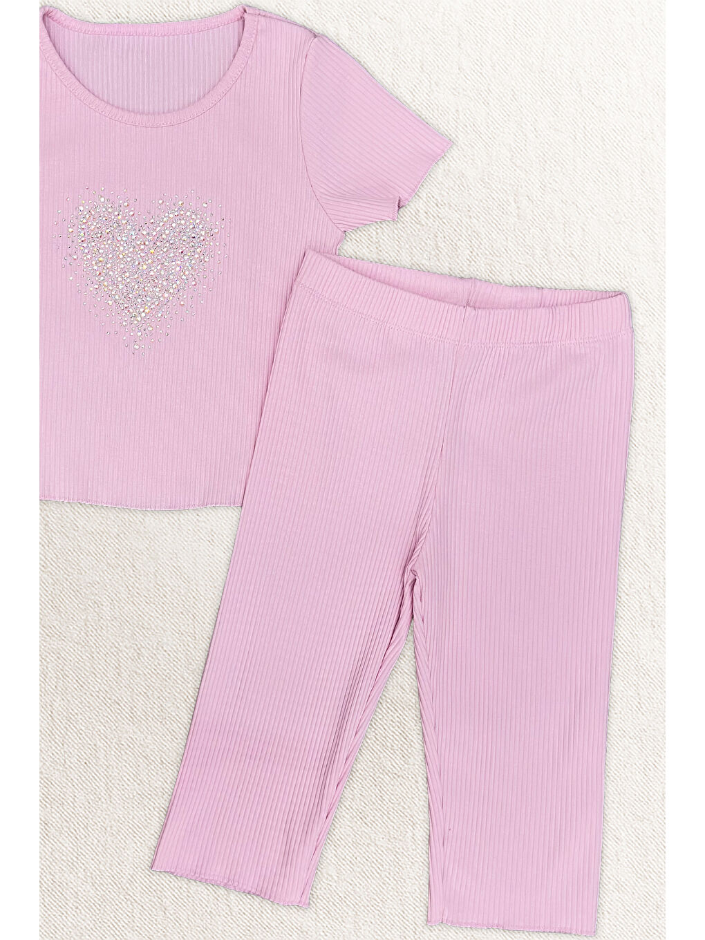 Pembe Kız Çocuk Taş İşlemeli Kalp Desenli Alt-Üst Takım 4-12 Yaş 12562-1