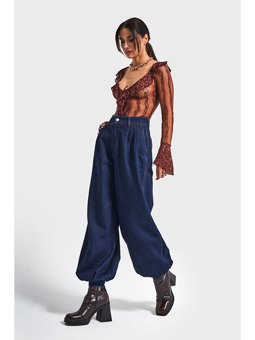 Kadın İndigo Renk 7w5-50 Wide Leg Baggy Fit Paça Detaylı Bol Kesim Tasarım Denim Jean