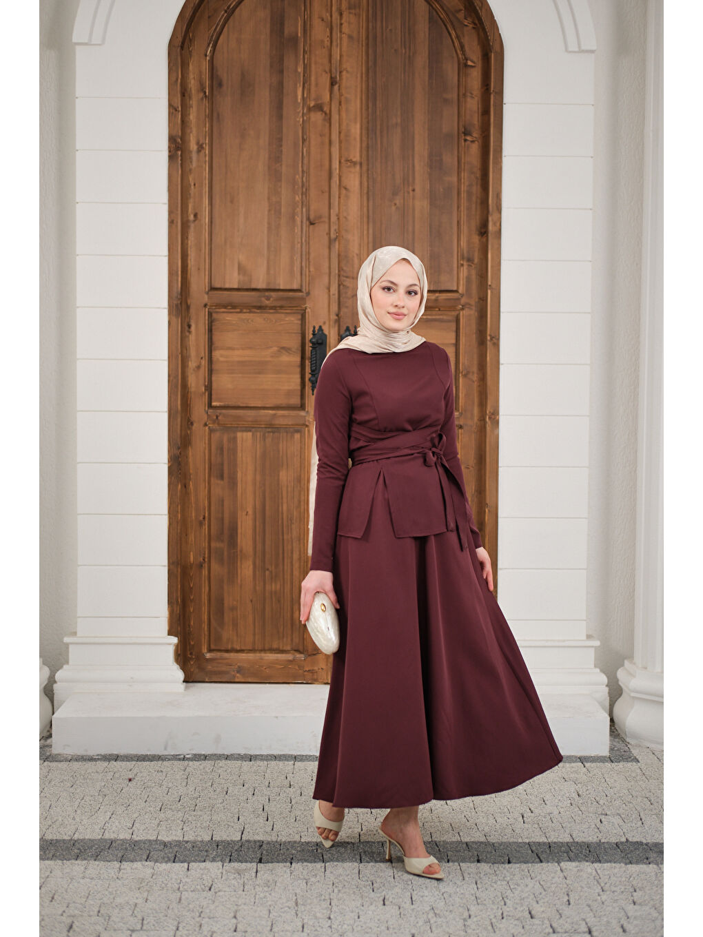 Kadın Bisiklet Yaka Ön Yırtmaçlı Etekli Takım Bordo-4