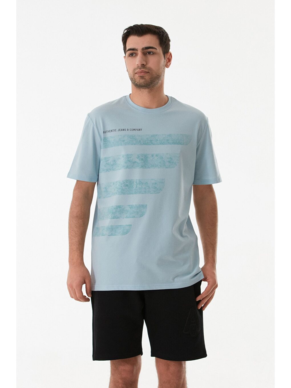 Mavi Yazı Baskılı Bisiklet Yaka Tişört-1