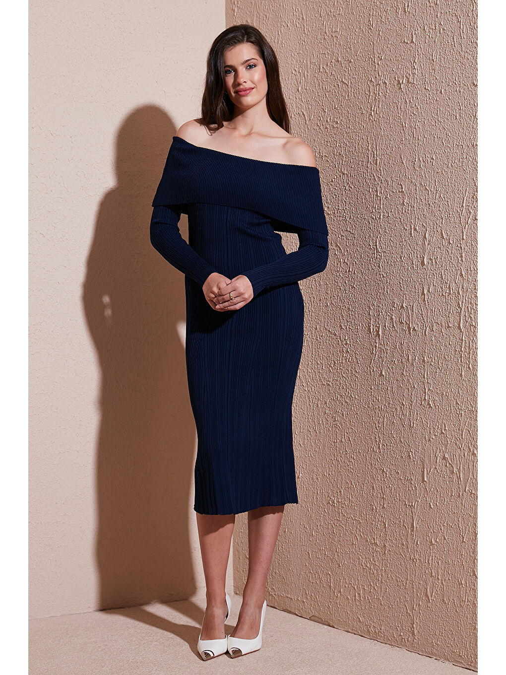 Lacivert Premium Fitilli Carmen Yaka Slim Fit Midi Boy Triko Elbise 680EL00033