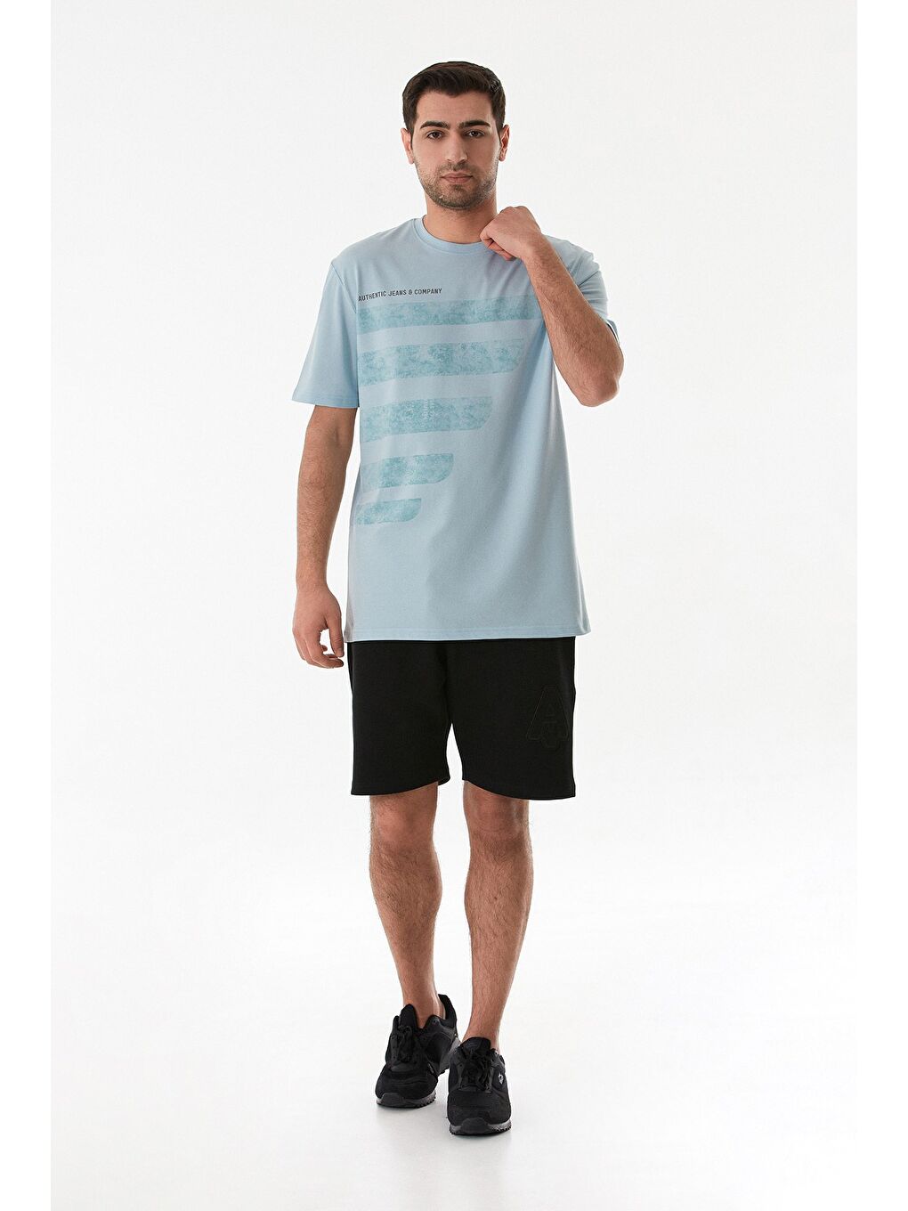 Mavi Yazı Baskılı Bisiklet Yaka Tişört-2