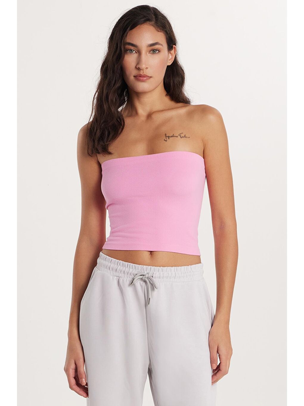 Kadın Slim Fit Pamuklu Straplez Düz Pembe Bluz